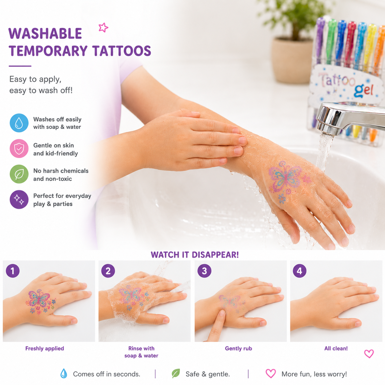 Washable Temporary Tattoo Gel Pen Set for Kids Showing Easy Soap and Water Removal Process