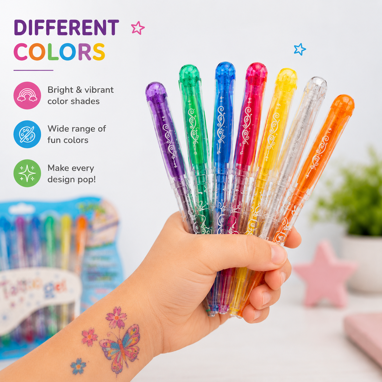 Temporary Tattoo Gel Pen Set for Kids with Bright Washable Color Pens and Butterfly Body Art Designs