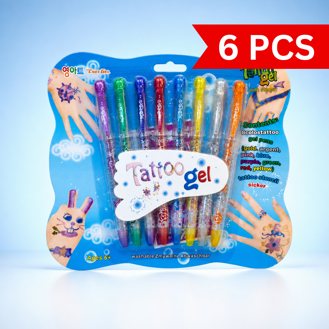 Temporary Tattoo Gel Pen Set for Kids with 8 Washable Color Pens and Tattoo Stencil Stickers