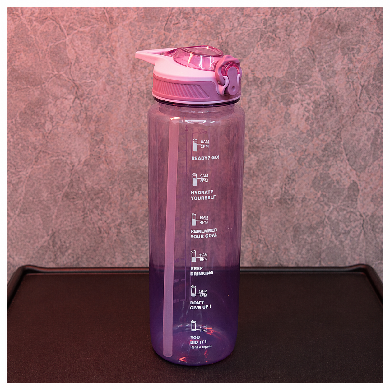 Purple motivational water bottle with time markers, built-in straw and hydration reminder quotes, 1000ml reusable sports water bottle