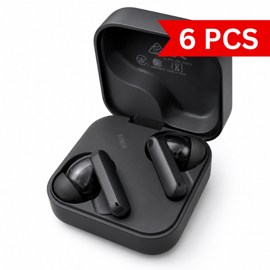 Premium black true wireless earbuds displayed beside an open compact charging case on a clean white background, featuring an ergonomic in-ear design, matte finish, LED charging indicator, and a minimalist modern look for everyday music and calls.