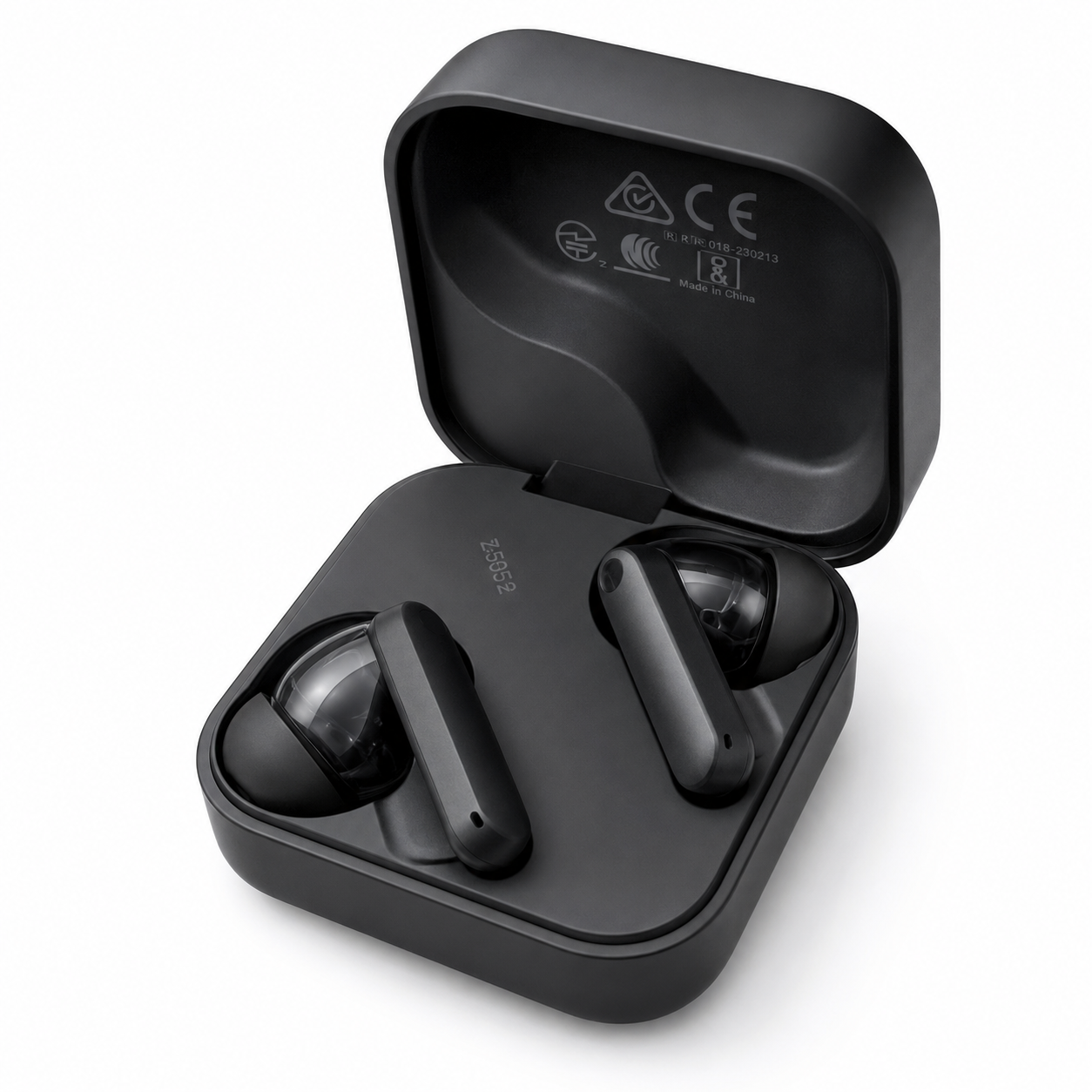 Premium black true wireless earbuds displayed beside an open compact charging case on a clean white background, featuring an ergonomic in-ear design, matte finish, LED charging indicator, and a minimalist modern look for everyday music and calls.