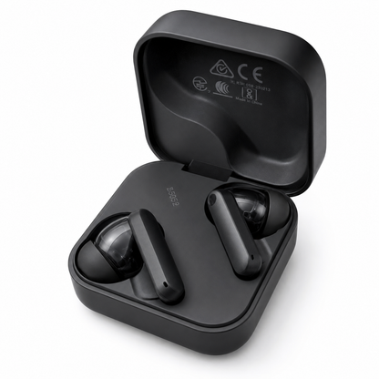 Premium black true wireless earbuds displayed beside an open compact charging case on a clean white background, featuring an ergonomic in-ear design, matte finish, LED charging indicator, and a minimalist modern look for everyday music and calls.