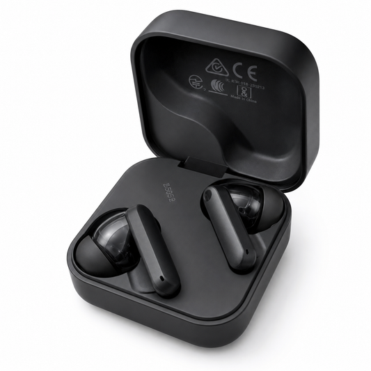 Premium black true wireless earbuds displayed beside an open compact charging case on a clean white background, featuring an ergonomic in-ear design, matte finish, LED charging indicator, and a minimalist modern look for everyday music and calls.