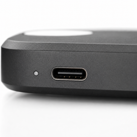 Macro close-up of the wireless earbuds charging case featuring a USB Type-C charging port and LED status indicator, showcasing the matte black finish, precise construction, and modern fast-charging design.