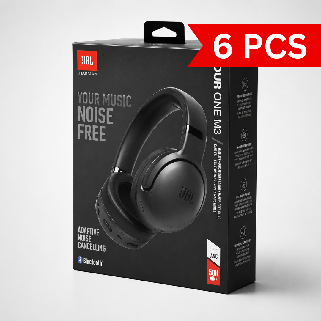 JBL Tour One M3 retail packaging featuring adaptive noise cancelling, Bluetooth connectivity, up to 50-hour battery life and premium over-ear wireless headphones.