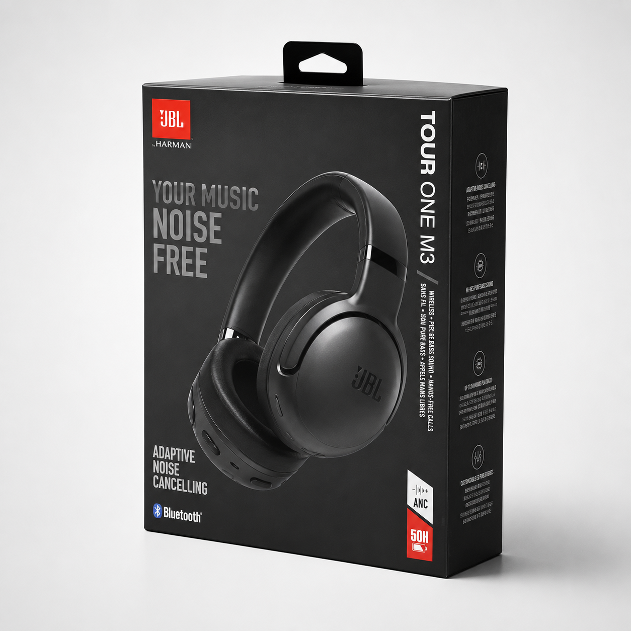 JBL Tour One M3 retail packaging featuring adaptive noise cancelling, Bluetooth connectivity, up to 50-hour battery life and premium over-ear wireless headphones.
