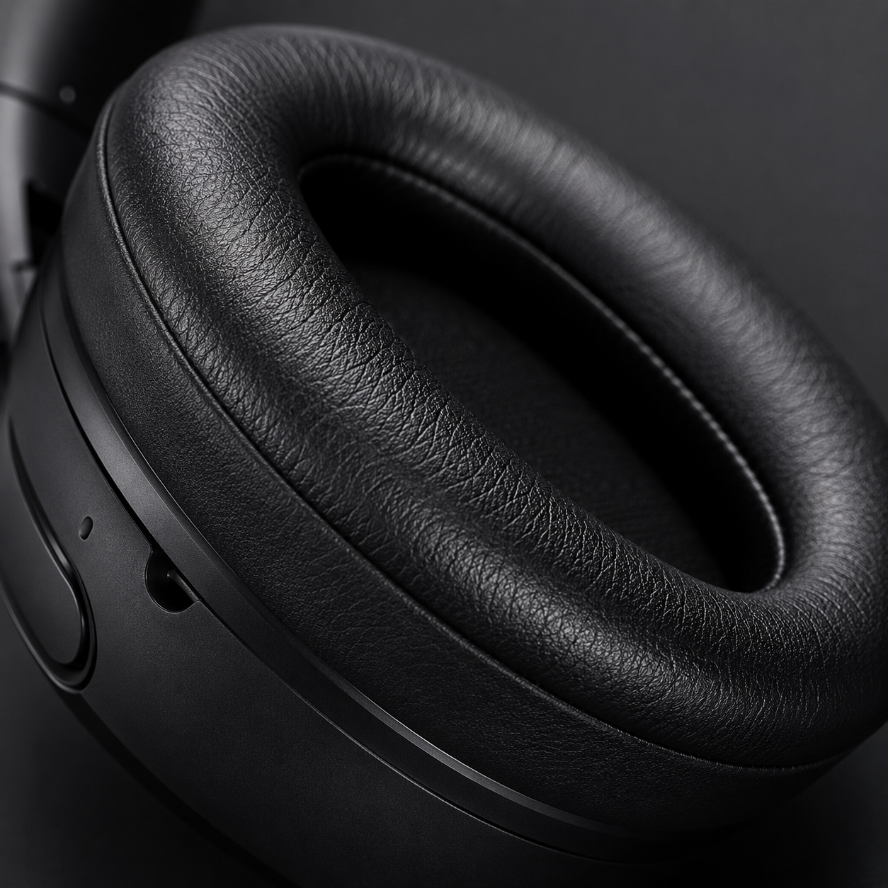 Close-up of JBL Tour One M3 ultra-soft memory foam ear cushion showing premium leatherette texture, comfortable over-ear padding and high-quality craftsmanship.