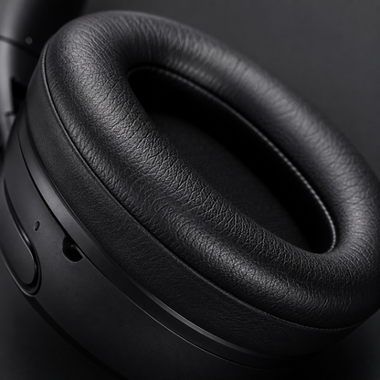 Close-up of JBL Tour One M3 ultra-soft memory foam ear cushion showing premium leatherette texture, comfortable over-ear padding and high-quality craftsmanship.