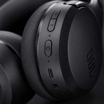 Macro view of JBL Tour One M3 headphone controls featuring power button, volume controls, USB-C charging port, 3.5mm audio jack and integrated microphone.
