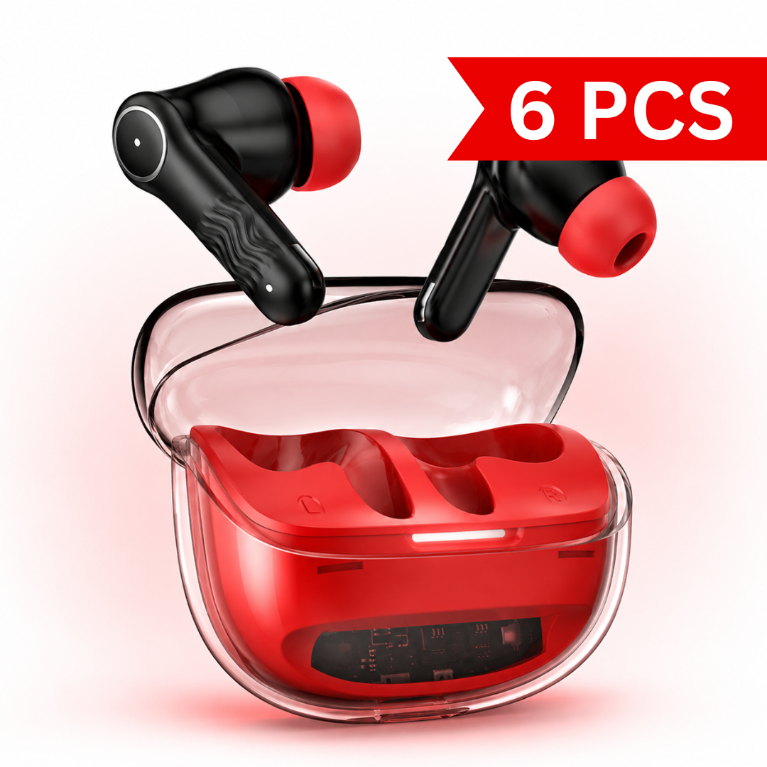 Premium transparent red charging case with wireless earbuds featuring a modern crystal-inspired design, ergonomic fit, soft silicone ear tips, LED charging indicator, and compact portable form factor.