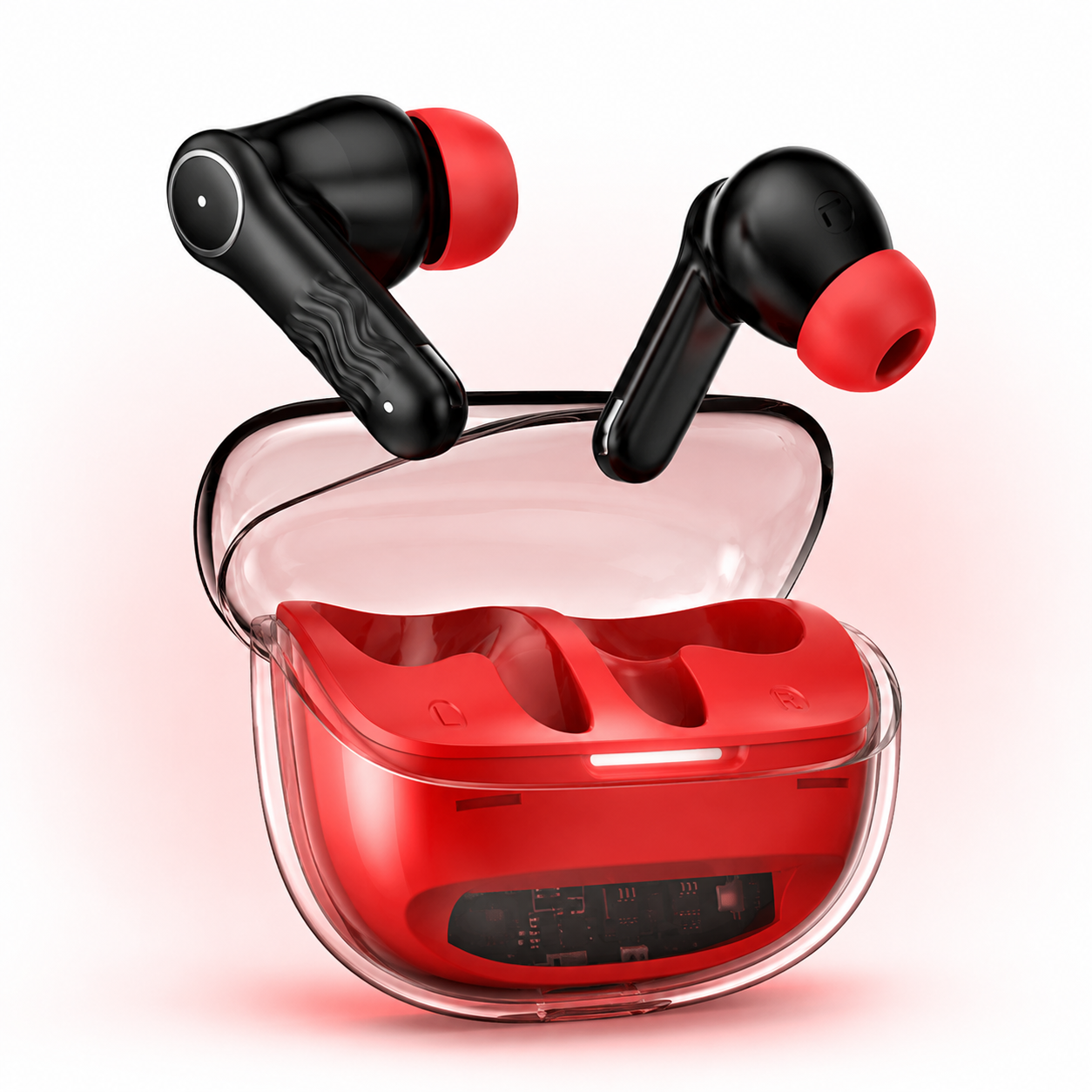 Premium transparent red charging case with wireless earbuds featuring a modern crystal-inspired design, ergonomic fit, soft silicone ear tips, LED charging indicator, and compact portable form factor.