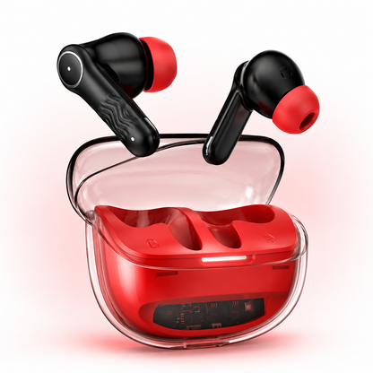 Premium transparent red charging case with wireless earbuds featuring a modern crystal-inspired design, ergonomic fit, soft silicone ear tips, LED charging indicator, and compact portable form factor.