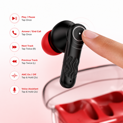 Premium true wireless Bluetooth earbuds with a transparent crystal-style red charging case, black earbuds with red silicone ear tips, ergonomic in-ear design, and USB Type-C charging.