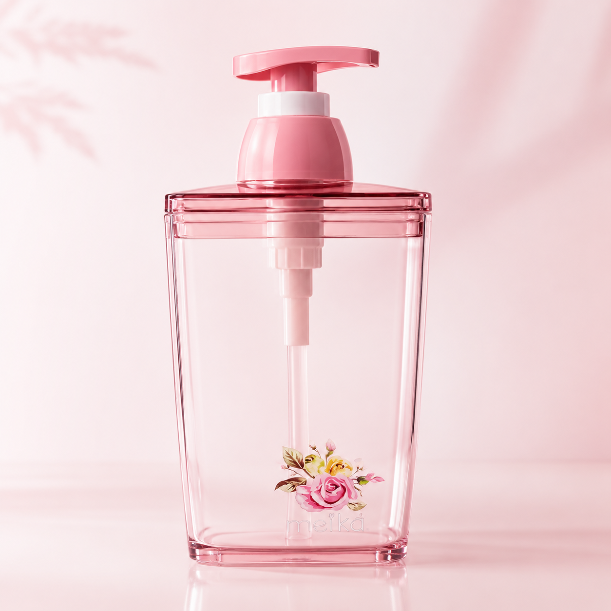 420ml transparent pink square liquid soap dispenser with refillable manual pump, crystal-clear plastic body and elegant floral rose print for modern bathroom and kitchen countertops.