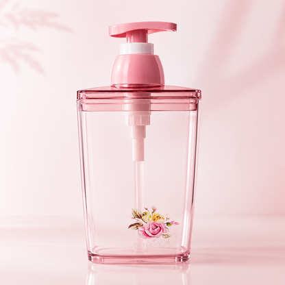 420ml transparent pink square liquid soap dispenser with refillable manual pump, crystal-clear plastic body and elegant floral rose print for modern bathroom and kitchen countertops.