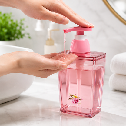 Person dispensing liquid soap from a 420ml transparent pink refillable soap dispenser with smooth press pump, ideal for bathroom sinks, handwash, lotion and everyday use.