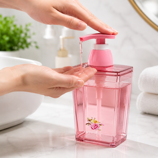 Person dispensing liquid soap from a 420ml transparent pink refillable soap dispenser with smooth press pump, ideal for bathroom sinks, handwash, lotion and everyday use.