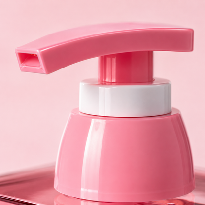 Close-up of the smooth pink manual press pump on a 420ml refillable soap dispenser, featuring a durable plastic nozzle for effortless dispensing of liquid soap, lotion and handwash.