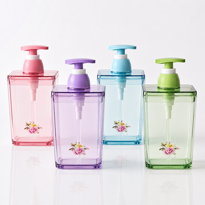 420ml transparent liquid soap dispensers available in pink, purple, blue and green colours with square refillable bottles, smooth manual pumps and elegant floral rose design for bathrooms and kitchens.