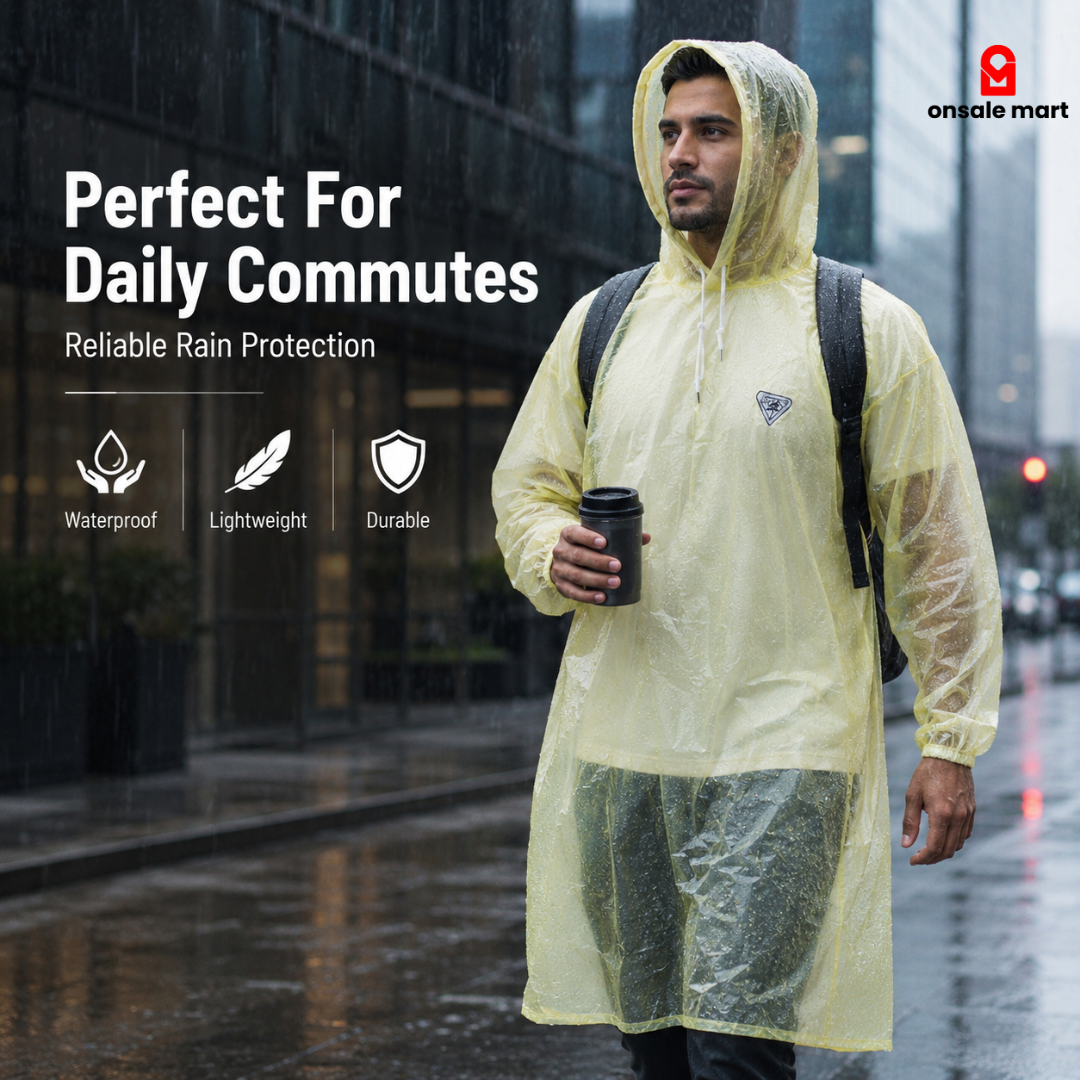 Transparent Hooded Rain Cover in urban rainy environment, waterproof hooded raincoat for daily travel, lightweight durable rainwear with extended coverage design.