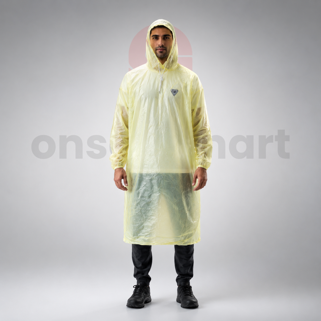 Transparent Hooded Rain Cover front view on studio background, lightweight waterproof rain poncho with integrated hood, reusable rain protection for men and women.
