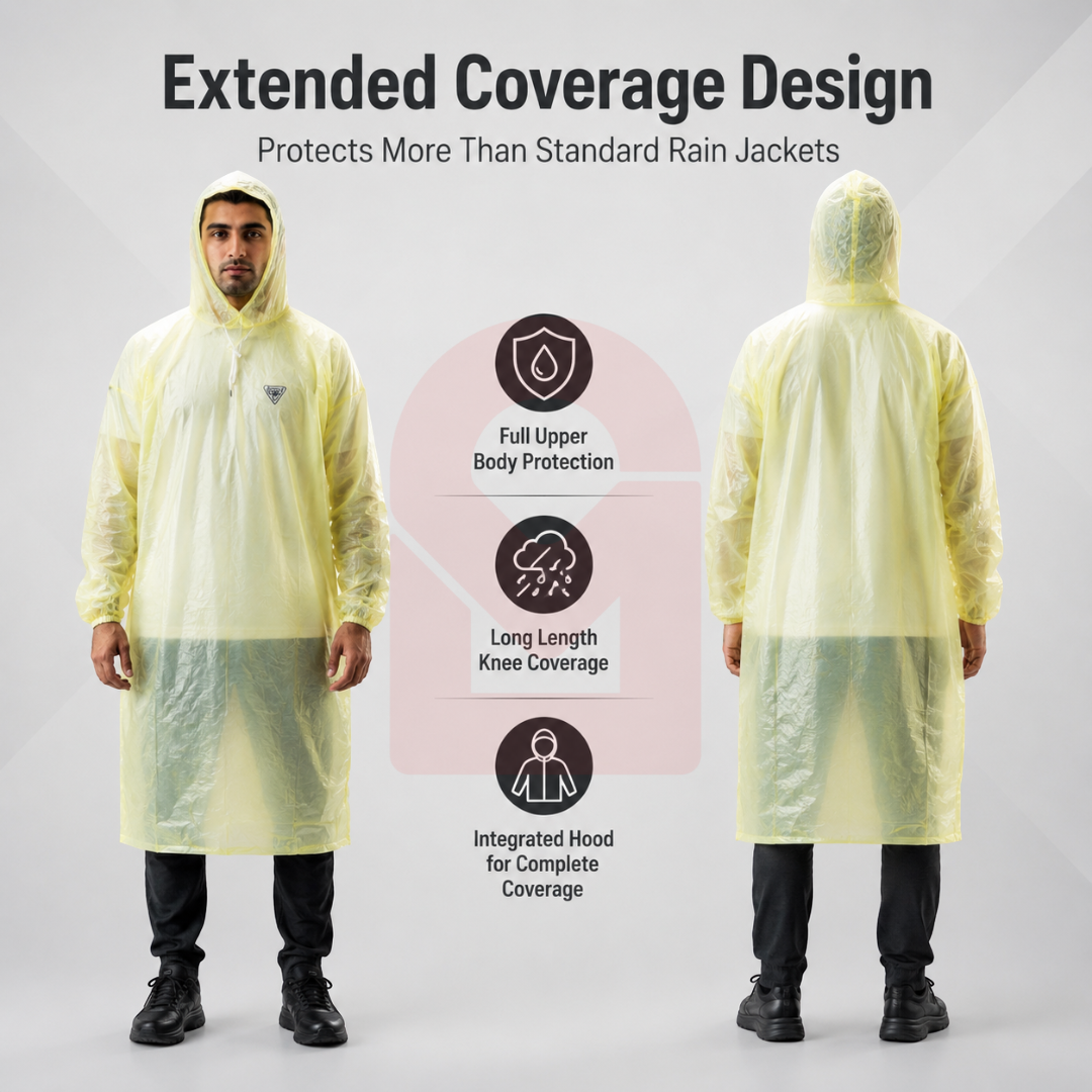 Transparent Hooded Rain Cover front and back view comparison showing extended knee-length protection, waterproof hooded rain poncho with full upper-body coverage.