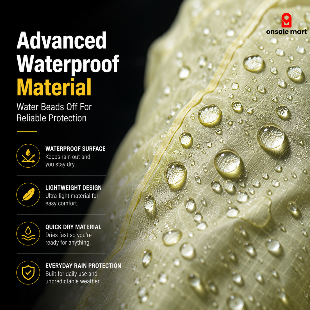 Transparent Hooded Rain Cover waterproof fabric close-up with water droplets beading on the surface, lightweight rainwear material, water-resistant outdoor protection.