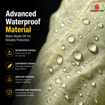 Transparent Hooded Rain Cover waterproof fabric close-up with water droplets beading on the surface, lightweight rainwear material, water-resistant outdoor protection.