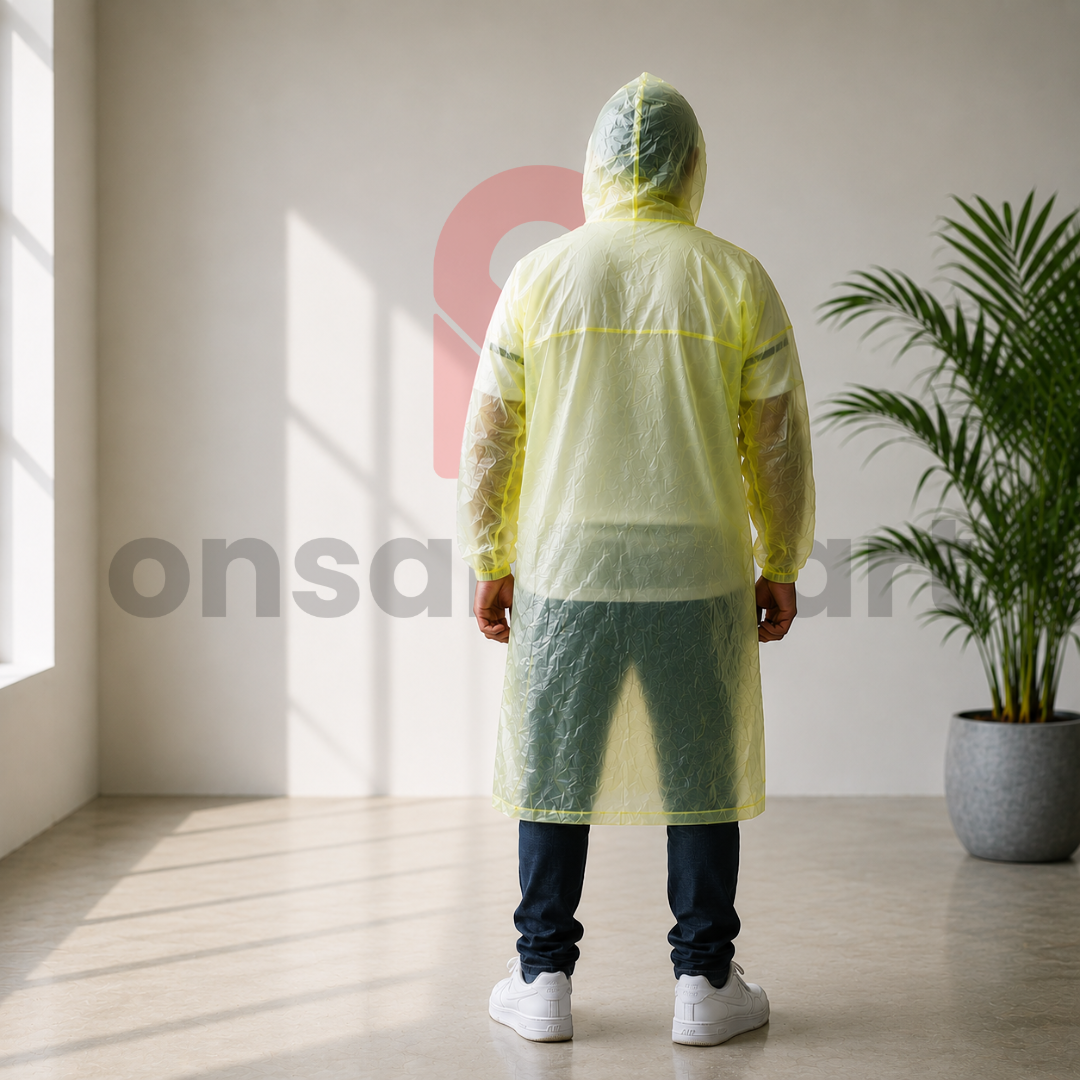Transparent Hooded Rain Cover back view with extended knee-length coverage, lightweight waterproof rain poncho for men, long sleeves and protective hood, full-body rain protection.