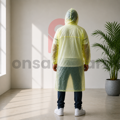 Transparent Hooded Rain Cover back view with extended knee-length coverage, lightweight waterproof rain poncho for men, long sleeves and protective hood, full-body rain protection.
