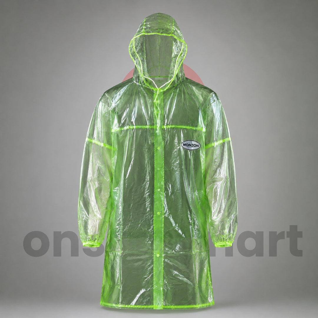 Transparent Hooded Waterproof Raincoat Studio Product Image with Green Trim