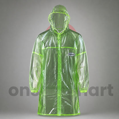 Transparent Hooded Waterproof Raincoat Studio Product Image with Green Trim
