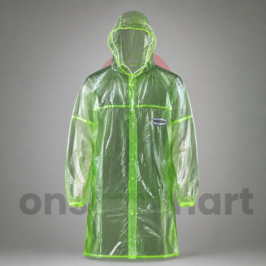 Transparent Hooded Waterproof Raincoat Studio Product Image with Green Trim