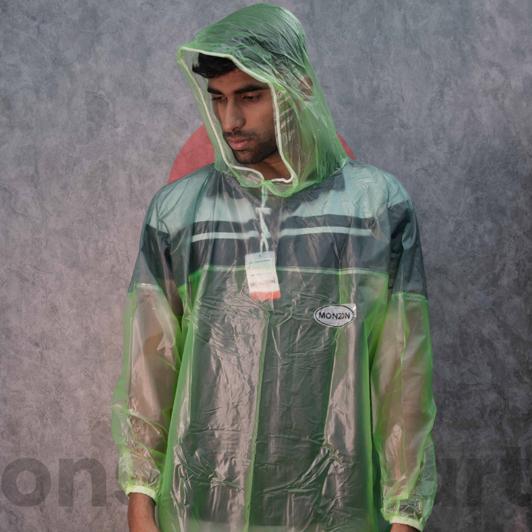 Transparent Green Hooded Raincoat Waterproof Jacket Front View for Men