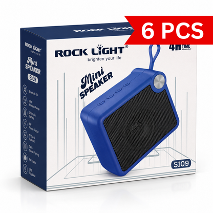 Rock Light S109 Mini Bluetooth Speaker retail packaging showcasing Bluetooth 5.0 connectivity, 10m wireless range, 1200mAh battery, 5W sound output, TF card support, FM radio, and TWS stereo pairing.