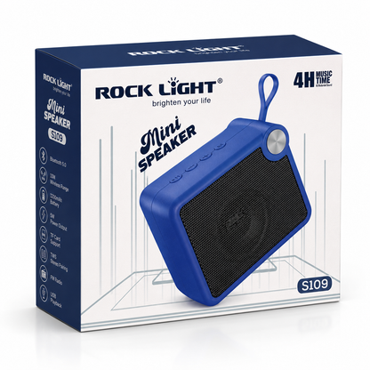 Rock Light S109 Mini Bluetooth Speaker retail packaging showcasing Bluetooth 5.0 connectivity, 10m wireless range, 1200mAh battery, 5W sound output, TF card support, FM radio, and TWS stereo pairing.