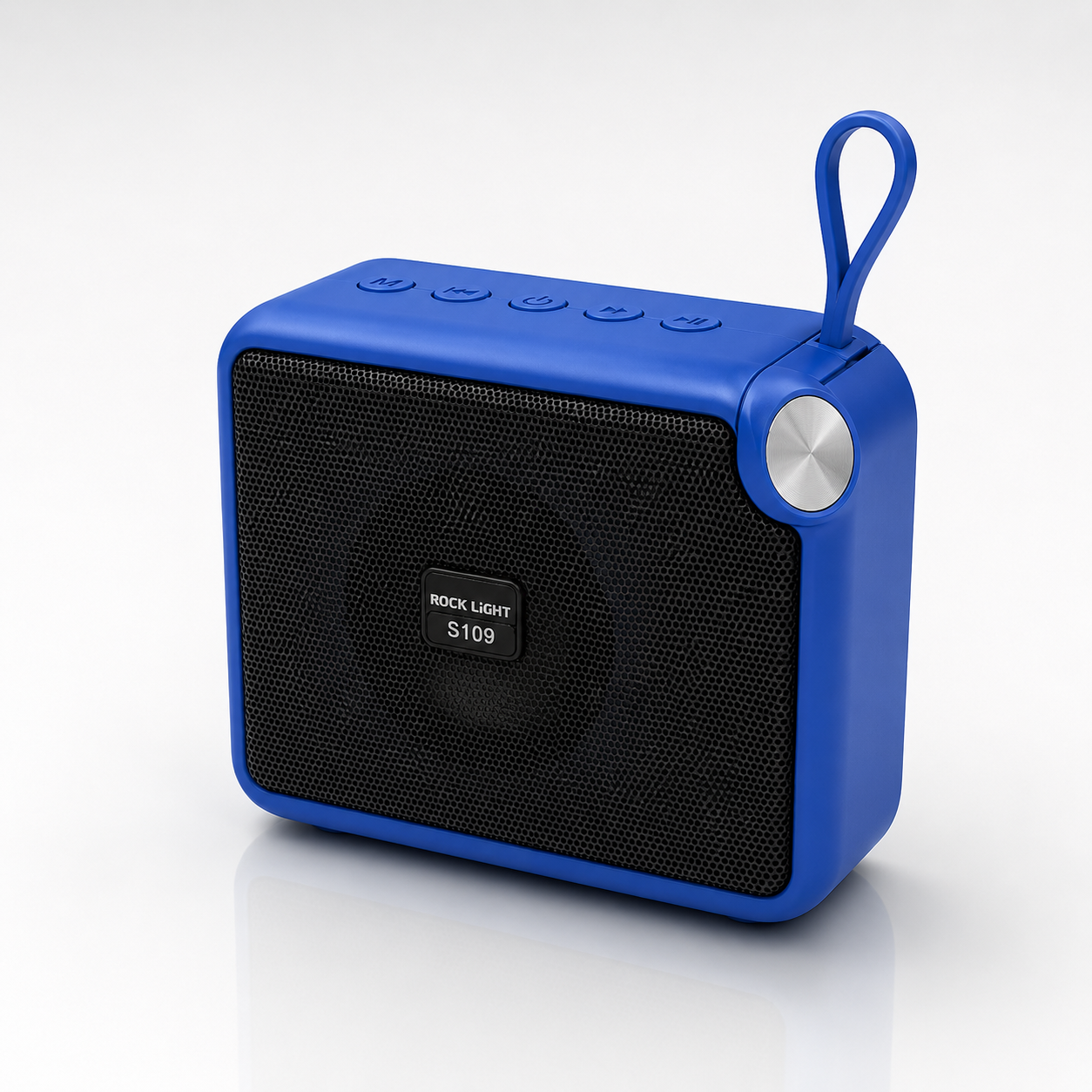 Rock Light S109 mini Bluetooth wireless speaker in blue color with front metal grille, compact portable design, built-in carry loop, Bluetooth 5.0 connectivity, and rechargeable battery on a clean white background.