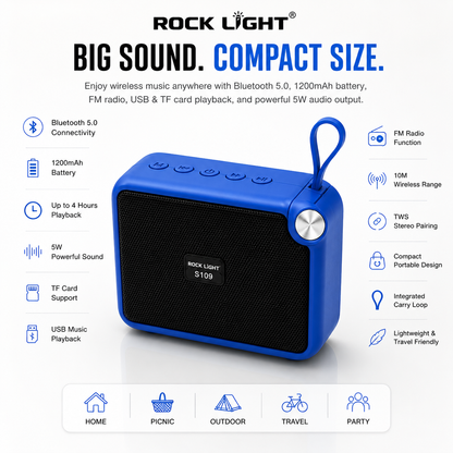 Rock Light S109 mini Bluetooth speaker featuring Bluetooth 5.0, 1200mAh battery, 5W sound output, FM radio, TWS pairing, TF card support, USB playback, and portable carry loop design for home, travel, outdoor, and party use.
