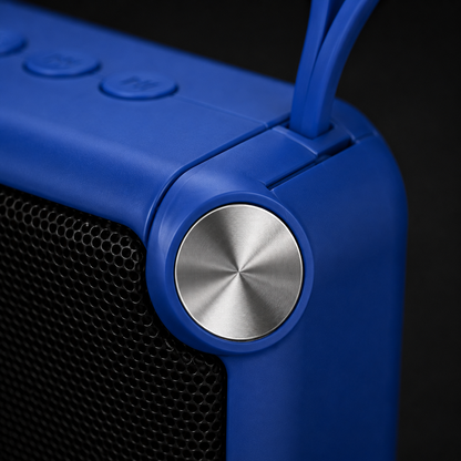 Macro shot of Rock Light S109 mini wireless speaker highlighting integrated carry loop, premium side accent detail, durable plastic housing, and portable travel-friendly construction.