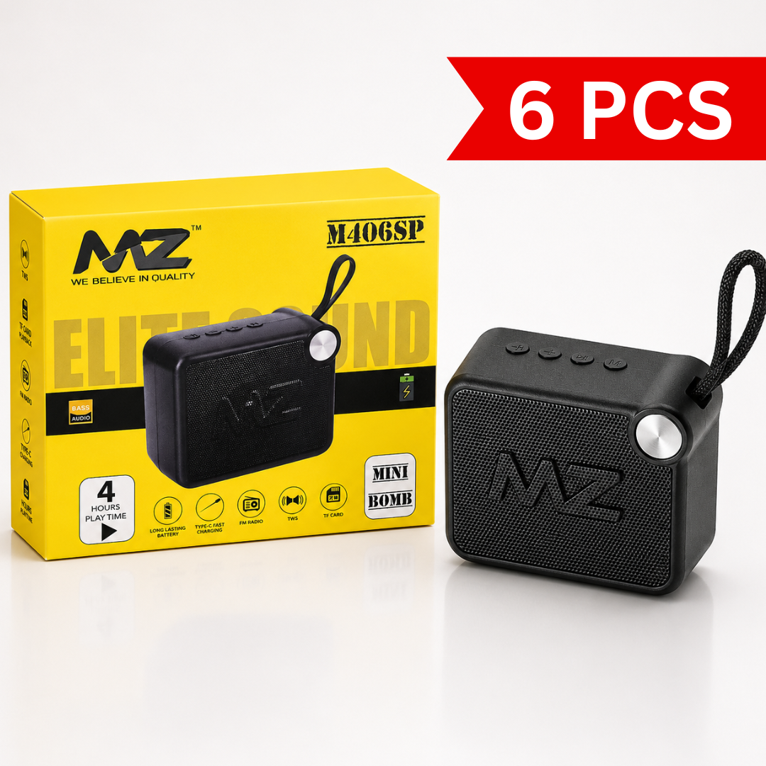 Portable 5W Bluetooth speaker displayed beside its retail packaging on a clean white background, featuring a compact black design, woven wrist strap, front metal grille, Type-C charging and portable wireless audio for everyday use.