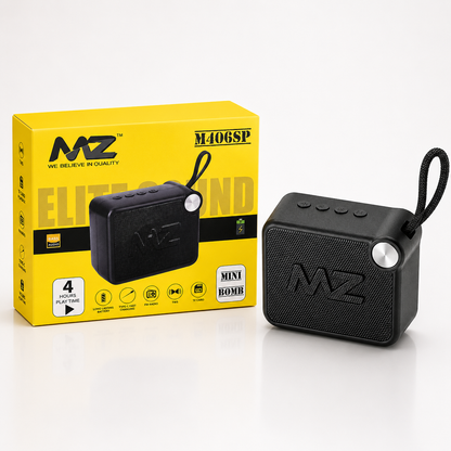 Portable 5W Bluetooth speaker displayed beside its retail packaging on a clean white background, featuring a compact black design, woven wrist strap, front metal grille, Type-C charging and portable wireless audio for everyday use.