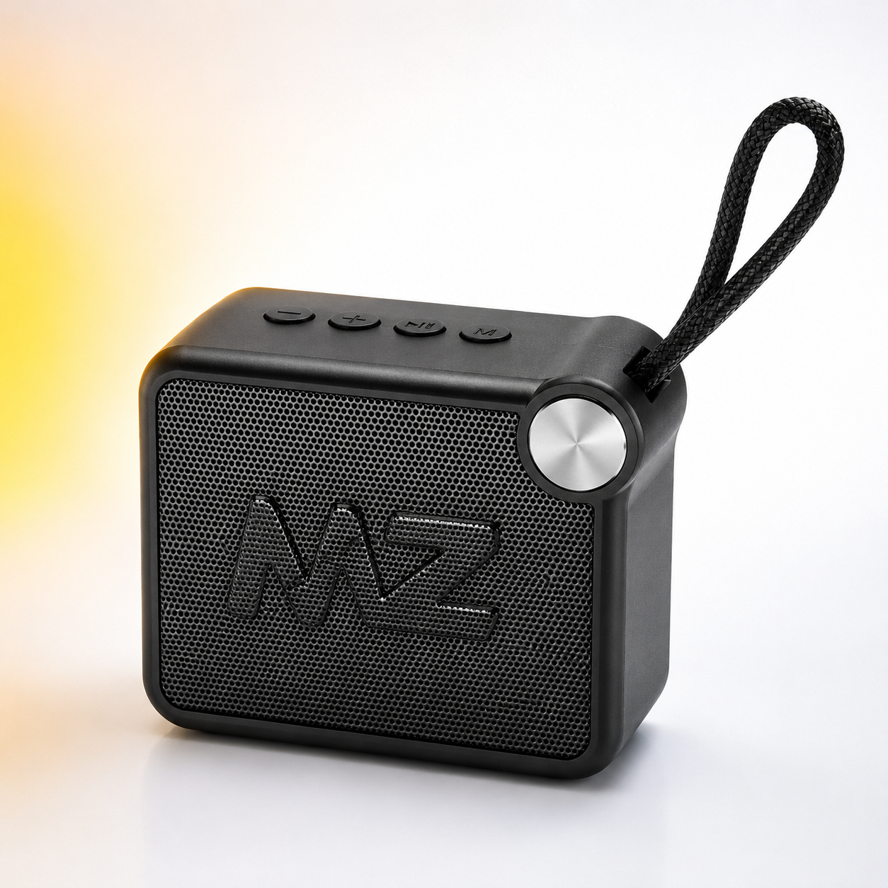 Compact portable Bluetooth speaker with a matte black finish, front metal speaker grille, integrated woven wrist strap, top-mounted control buttons and premium minimalist design