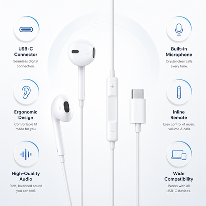 USB-C wired earphones with inline microphone, remote controls and feature infographic.