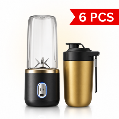 Rechargeable portable juicer blender with transparent blending cup and separate travel cup, featuring a compact cordless design, stainless steel blades, USB charging, and premium black and gold finish.