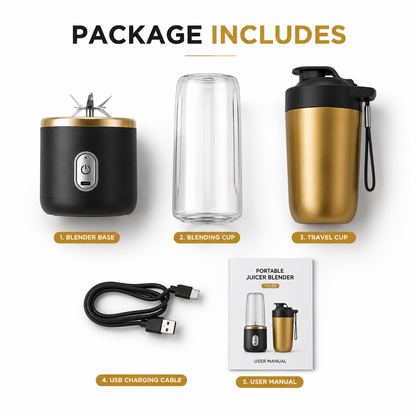 Portable juicer blender package contents including rechargeable blender base with stainless steel blades, 400ml blending cup, 400ml travel cup with flip lid, USB charging cable, and user manual