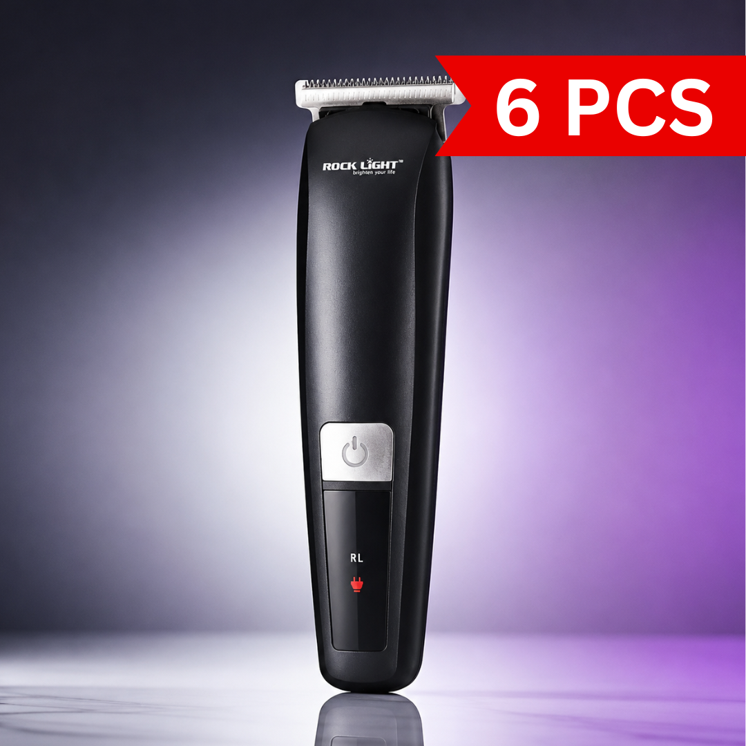 Front view of the Rock Light RL-TM9200 Professional Hair Trimmer with precision T-blade, matte black ergonomic body, USB Type-C rechargeable design, and premium studio lighting