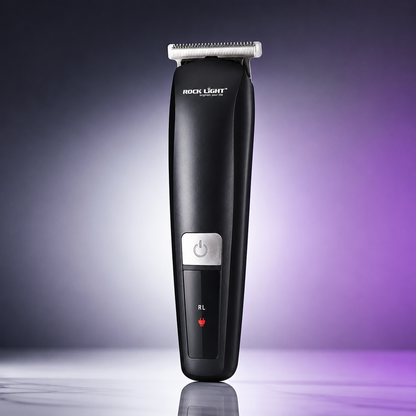 Front view of the Rock Light RL-TM9200 Professional Hair Trimmer with precision T-blade, matte black ergonomic body, USB Type-C rechargeable design, and premium studio lighting