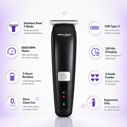 Professional cordless hair trimmer infographic highlighting stainless steel T-blade, 8000 RPM motor, USB Type-C charging, 120-minute charging time, 3-hour runtime, 0mm close cut, ergonomic grip and four guide combs for precision grooming.