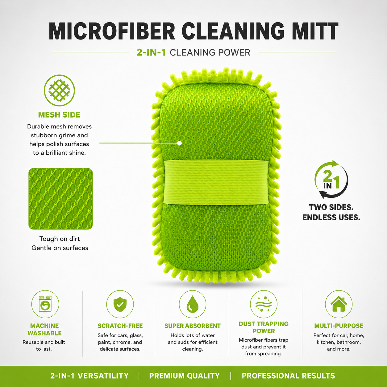 UltraSoft Microfibre Dusting Mitt dual-sided cleaning pad featuring mesh polishing side and microfibre dusting side for multi-surface household and automotive cleaning.
